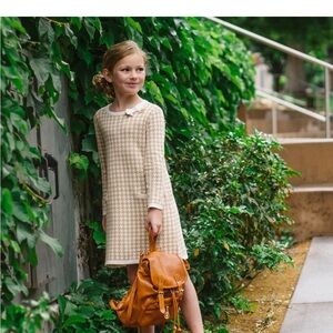 Brown and White Sheath Dress with Peter Pan Collar